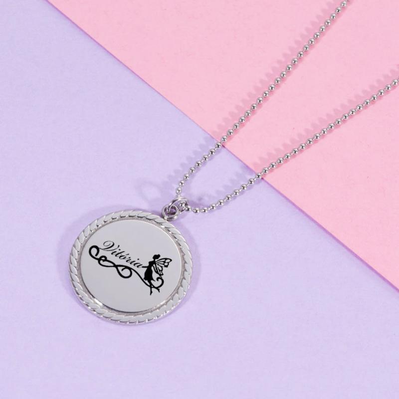 Personalized Laser Engraved Names Necklace Stainless Steel Round Pendant