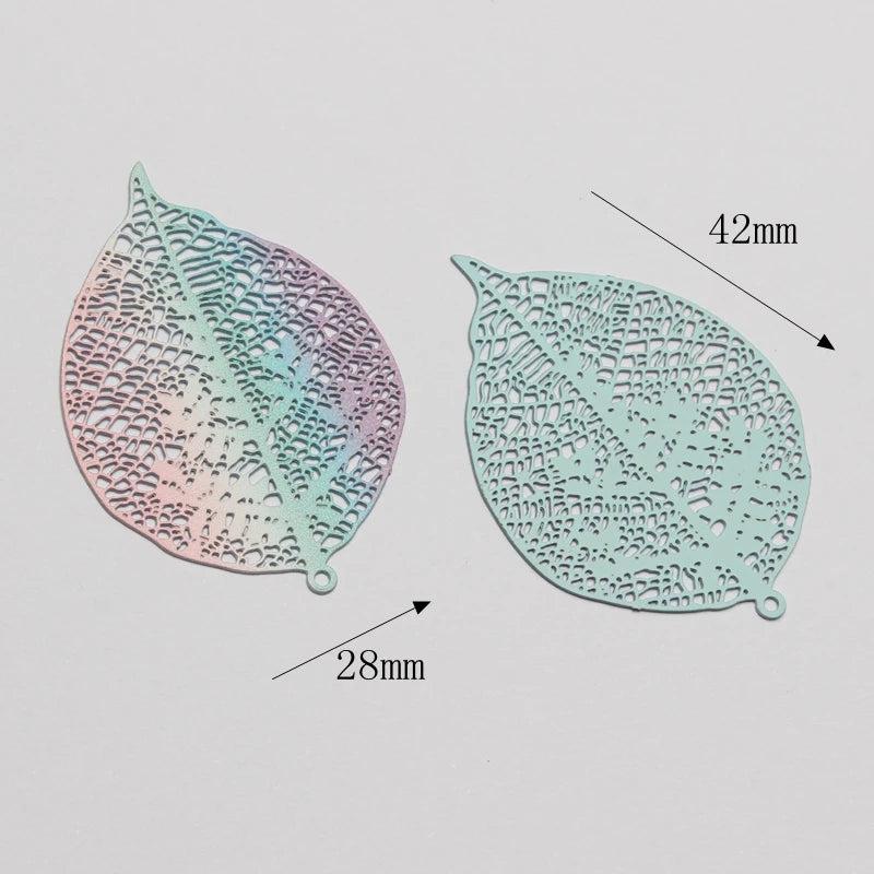 10pcs Gradient Rainbow Copper Hollow Leaf Charms Pendant DIY Jewelry Earring