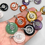 2pcs Natural Amethysts Stone Pendants Silver Life tree Flat Round Charm