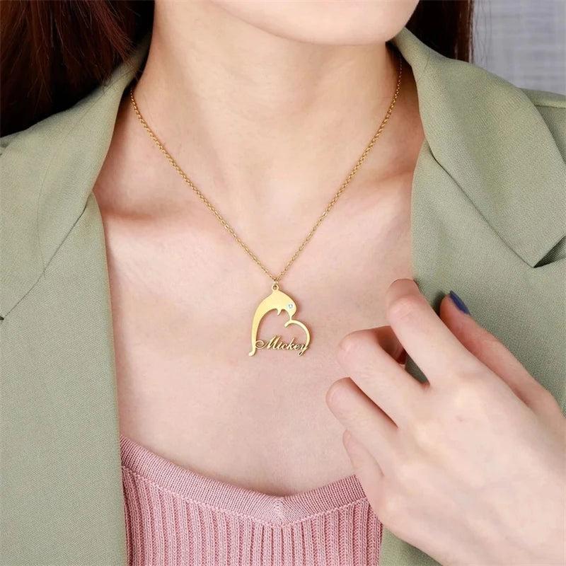 Personalized Dolphin Necklace Heart Nameplate Pendant