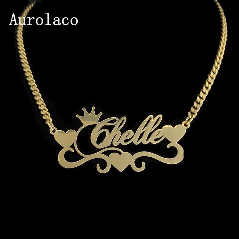 AurolaCo Name Necklace With Heart Stainless Steel Nameplate Cuban Chain