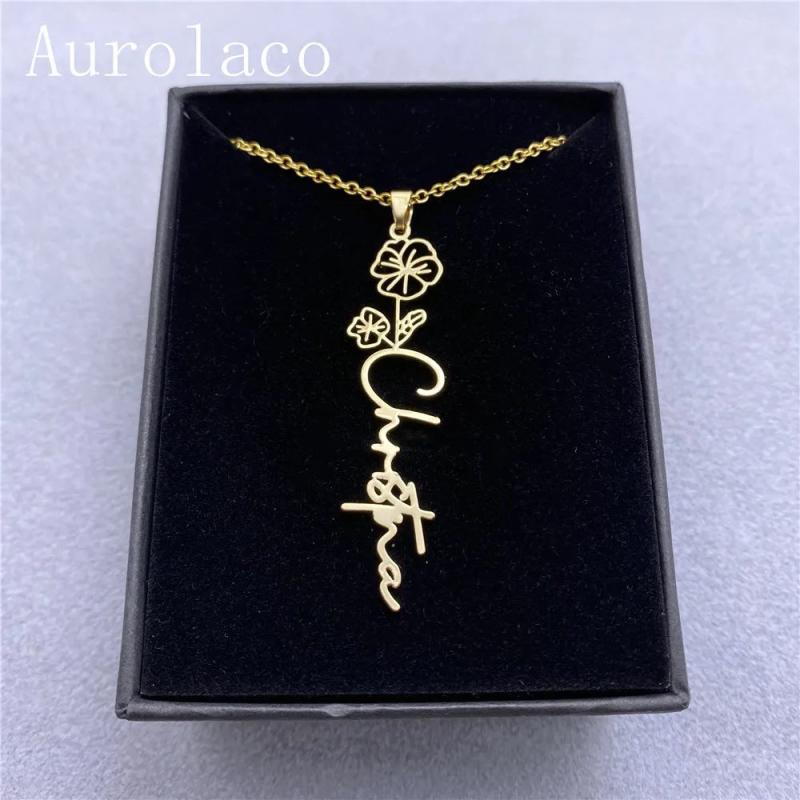 Aurolaco Flower Name Necklace Vertical Floral Handwriting Pendant