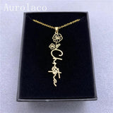 Aurolaco Flower Name Necklace Vertical Floral Handwriting Pendant