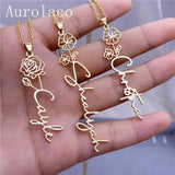 Aurolaco Flower Name Necklace Vertical Floral Handwriting Pendant