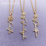 Aurolaco Flower Name Necklace Vertical Floral Handwriting Pendant