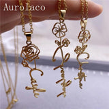 Aurolaco Flower Name Necklace Vertical Floral Handwriting Pendant