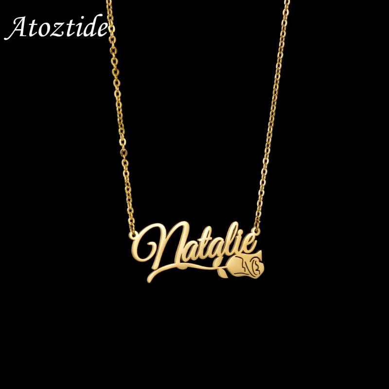 Atoztide Name Necklace Charm Stainless Steel Choker Flower Gift