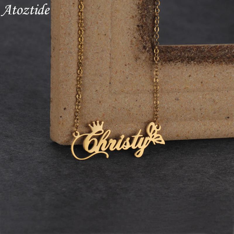 Atoztide Stainless Steel Name Necklace Crown Butterfly Pendant