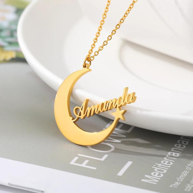 Personalized Moon Star Name Necklace Pendant Choker Jewelry