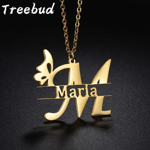 Treebud Butterfly Pendant Necklace with Customized Initials