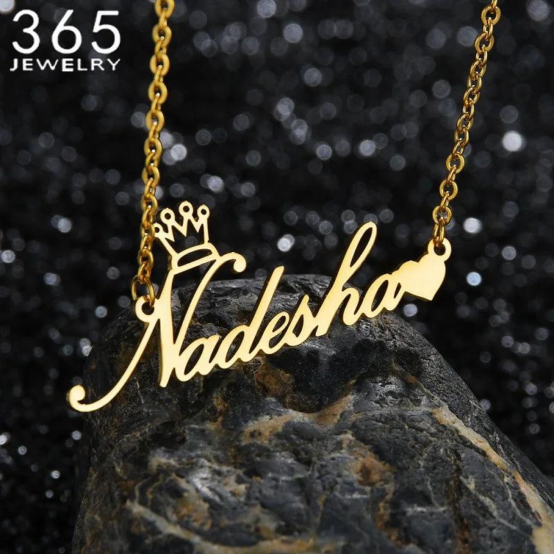 Personalized Name Necklace Stainless Steel Heart Crown Pendant