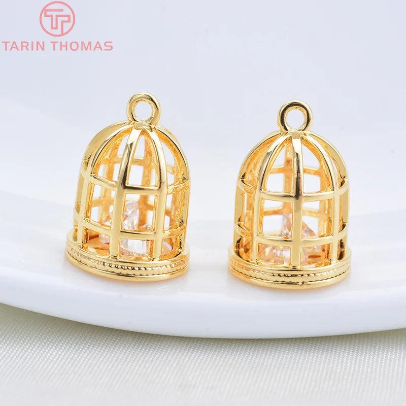 6PCS 12x9MM 24K Brass Zircon Birdcage Charms Pendants DIY Jewelry Findings