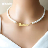 Personalized Pearl Chain Name Necklace Stainless Steel Letter Pendants