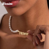Personalized Pearl Chain Name Necklace Stainless Steel Letter Pendants