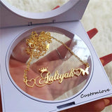 Personalized Stainless Steel Crown Name Butterfly Necklace Gift