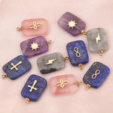 5pcs Natural Stone Stainless Steel Square Charms Quartz Cross Pendants