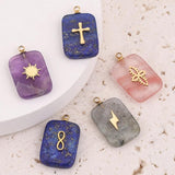 5pcs Natural Stone Stainless Steel Square Charms Quartz Cross Pendants