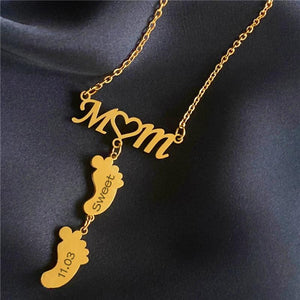 Engraved Baby Name Date Heart Foot Necklace Stainless Steel