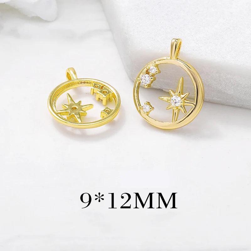 4PCS 9x12MM 24K Brass Round Circle Star Charms Pendants