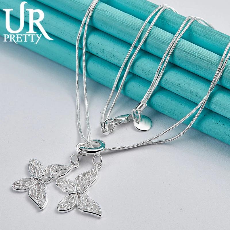 925 Sterling Silver Two Butterfly Necklace 18 Inch Chain for Woman