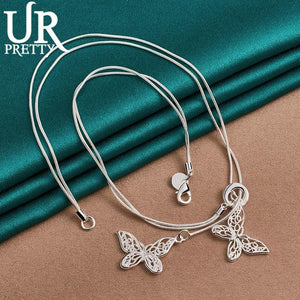 925 Sterling Silver Two Butterfly Necklace 18 Inch Chain for Woman