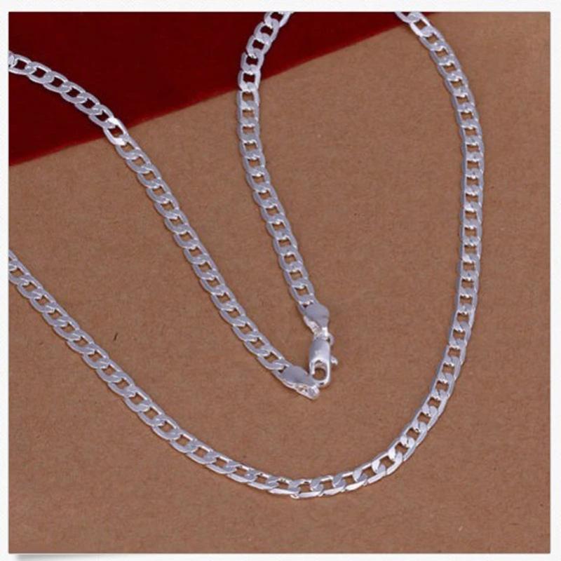 925 Silver 18in 4MM Flat Sideways Chain Necklace Wedding Jewelry