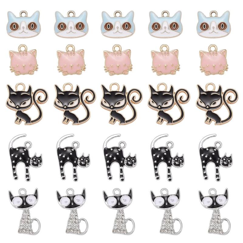 25pcs Mixed Cat Enamel Charms for Jewelry Making