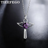 925 Silver Cross Violet Zircon Crystal Pendant Necklace Women Gift Jewelry