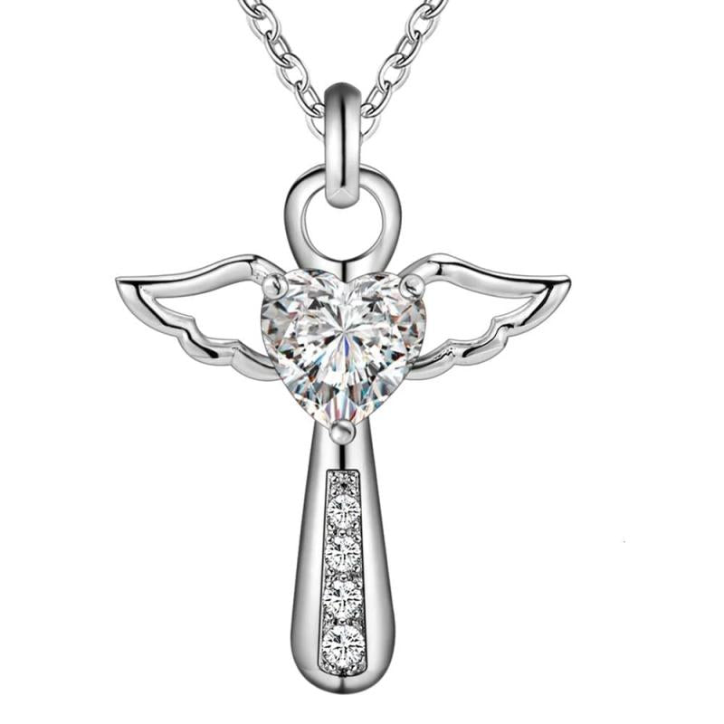 925 Sterling Silver Jesus Cross Necklace Angel Wings Heart Pendant