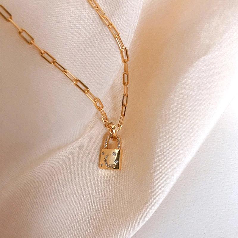 14K Gold Plated Star Moon Lock Necklace with Zircon