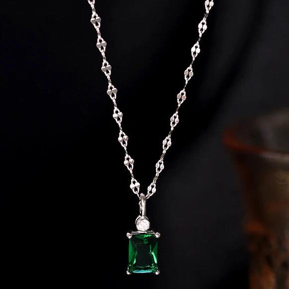 14K Plated Emerald Pendant Necklace Stainless Steel Chain