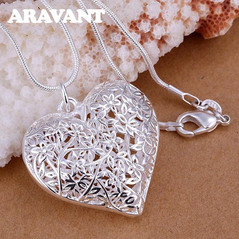 925 Silver Hollow Heart Pendant Necklace Chains For Women