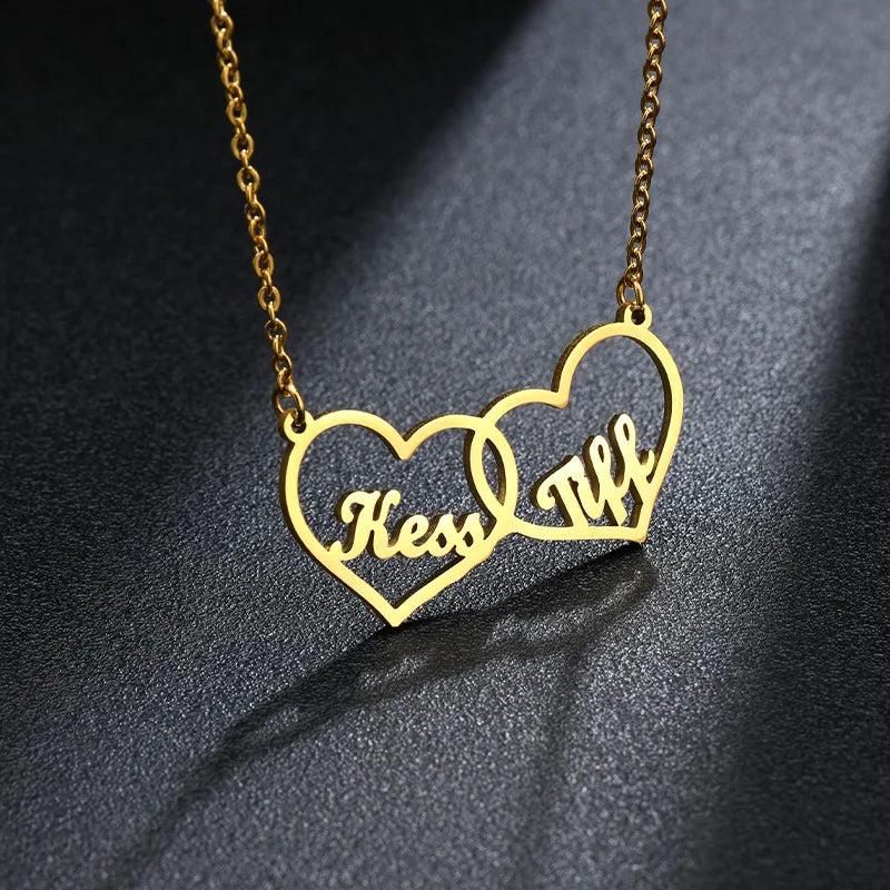 Stainless Steel Two Hearts Name Necklace Personalized Pendant