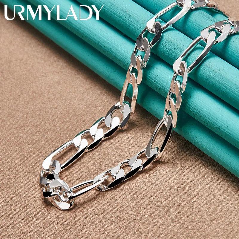 925 Silver 8MM Side Chain Necklace 20/24 Inch Women Wedding Party Jewelry