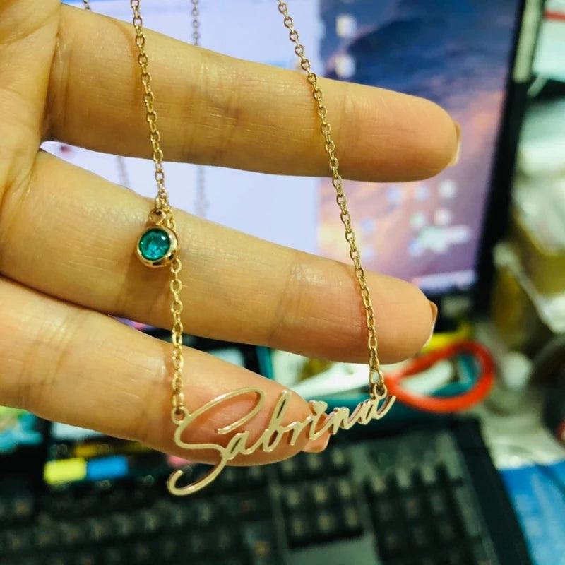 Birthstone Name Necklace Stainless Steel Personalized Month Stone Nameplate