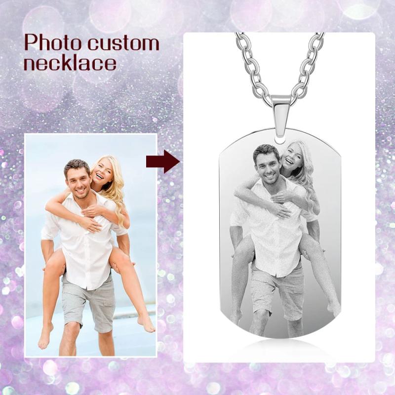 Stainless Steel Engraved Photo Necklace Dog Tag ID Name Pendant