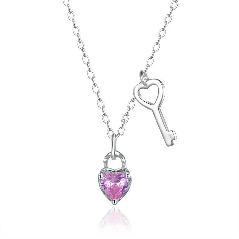 TrustDavis 925 Silver Love Lock Key CZ Necklace Women Wedding S925 Jewelry