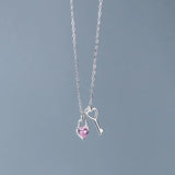 TrustDavis 925 Silver Love Lock Key CZ Necklace Women Wedding S925 Jewelry