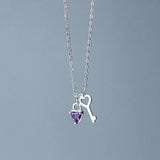 TrustDavis 925 Silver Love Lock Key CZ Necklace Women Wedding S925 Jewelry
