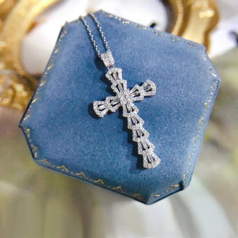 Cross Silver Sterling Silver Necklace Trapezoid Zircon Pendant Chain Choker