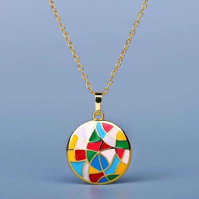 18k Ladies Pendant Disc Epoxy Enamel Chain Jewelry
