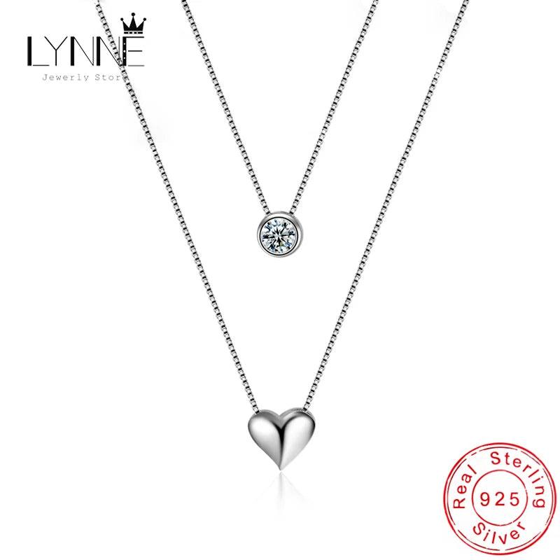 925 Silver Heart Zircon Pendant Double Layer Necklace