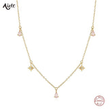 925 Sterling Silver Pink Water Drop Zircon Necklace Crystal Star Pendant