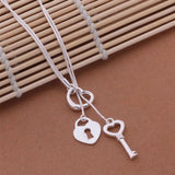 925 Sterling Silver Heart Shaped Key Lock Necklace For Women