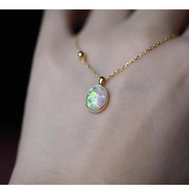 925 Silver 14K Opal Pendant Zircon Necklace French Retro Jewelry