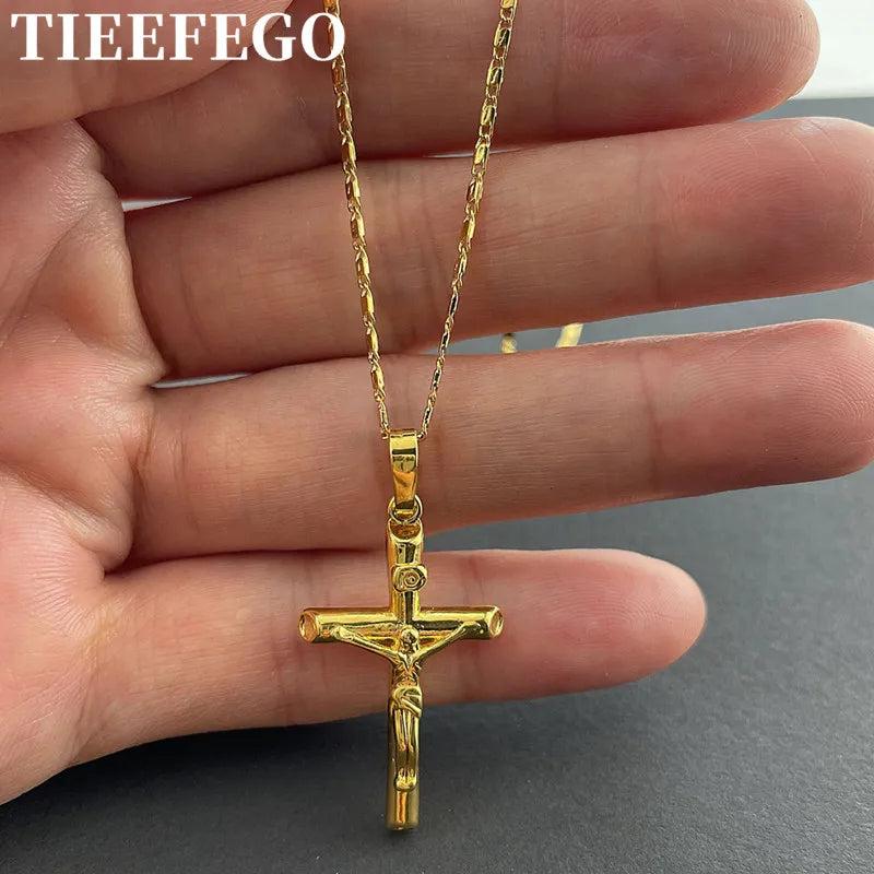 24K Cross Necklace Couple Set, Gold Plated Pendant, Christian Faith Jewelry