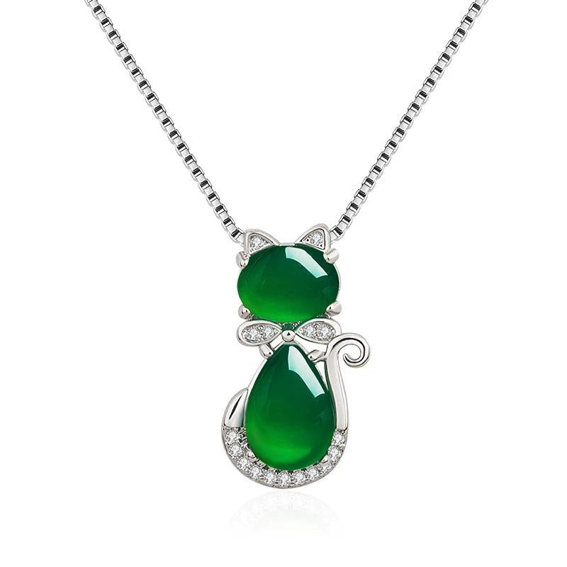 Retro Silver 925 Necklace Cat Shape Emerald Zircon Pendant