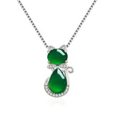 Retro Silver 925 Necklace Cat Shape Emerald Zircon Pendant