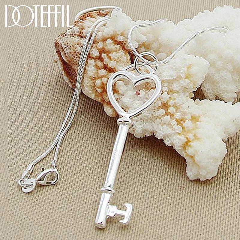925 Silver Heart Key Pendant Necklace 18in Chain Woman Wedding Jewelry