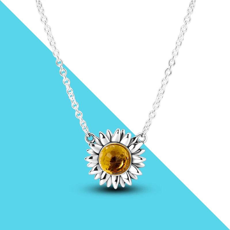 925 Silver Sunflower Pendant Chain Necklace For Women